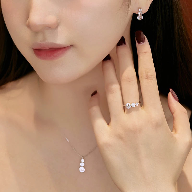 EWYA 3-Stone Round Cut All Moissanite Earrings Ring Pendant Women Full Lab Diamond 925 Silver Party Bridal Fine Jewelry Set Gift