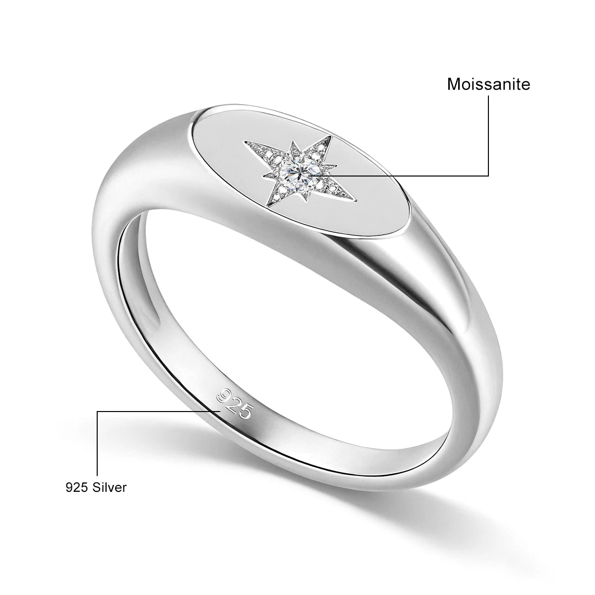 925 Sterling Silver Signet Ring Brilliant Moissanite Eight Pointed North Star Finger Ring Minimalist Promise Statement Jewelry