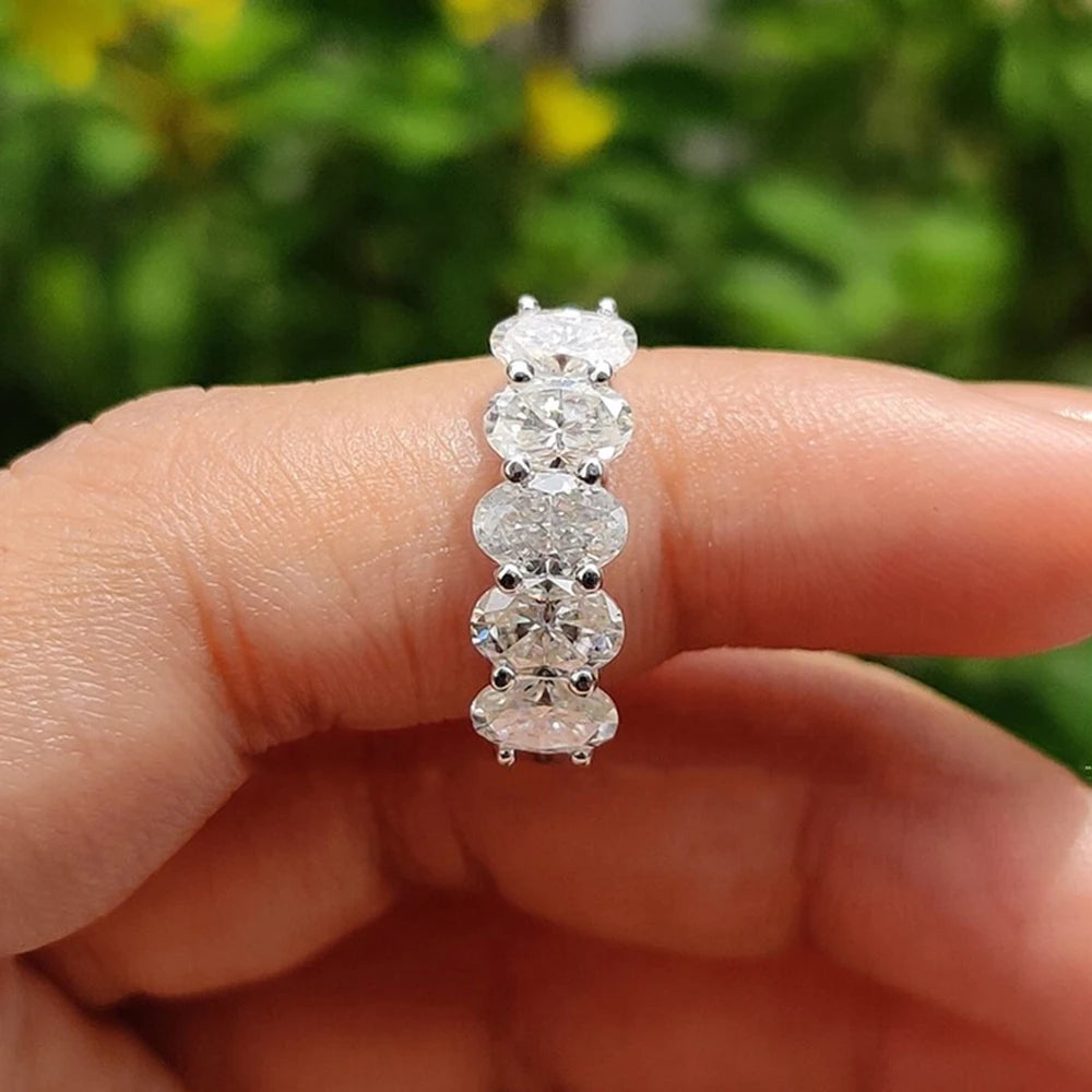 2.5CTTW 5 Stone Moissanite Ring For Women GRA 4*6mm Oval Cut Lab Diamond 925 Silver Half Eternity Stackable Wedding Band Jewelry