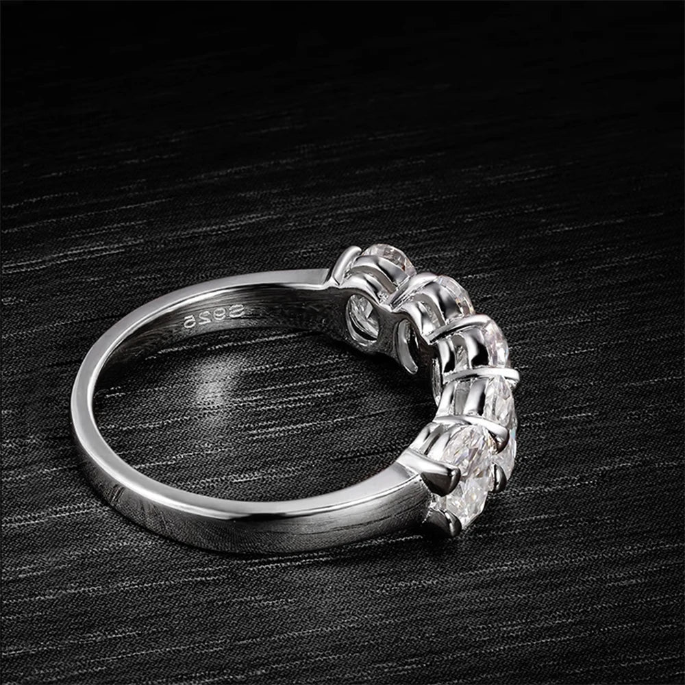 2.5CTTW 5 Stone Moissanite Ring For Women GRA 4*6mm Oval Cut Lab Diamond 925 Silver Half Eternity Stackable Wedding Band Jewelry