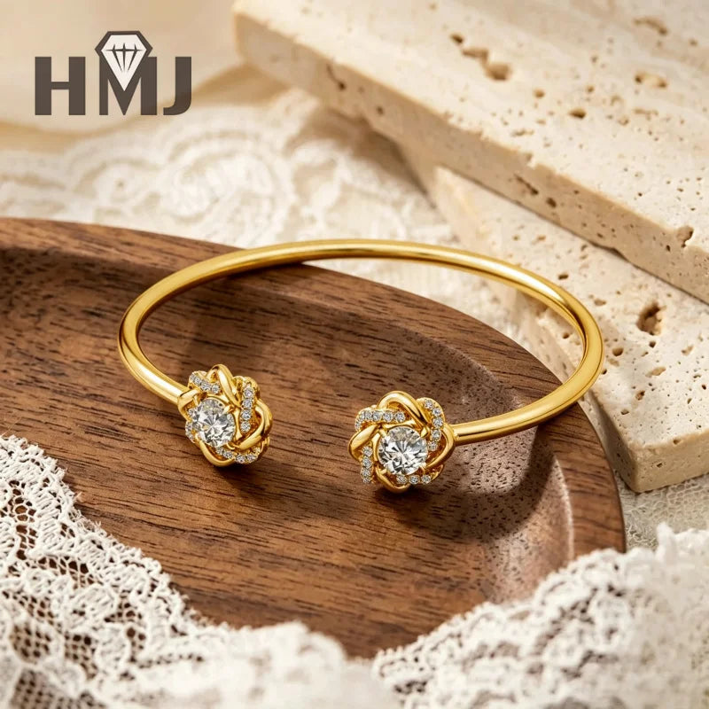 Moissanite Open Bangle Bracelet 6.5mm Round Cut 925 Sterling Silver 18K Gold Plated Romantic Sweet Daily Wear Bridal Jewelry