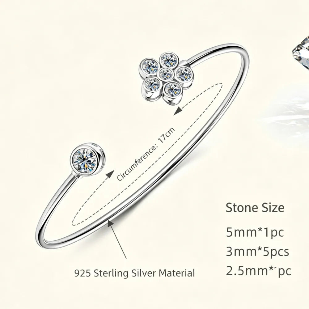 925 Sterling Silver Clover Cluster Moissanite Open Bangle D VVS1 Single Round Bezel Fine Jewelry For Women Daily Party Gift