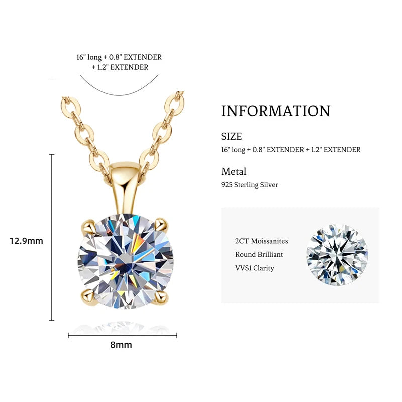 1.0 Carat 2ct 3ct D Moissanite Solitaire Drop Necklaces 18k Gold Plated Pendant Original Real 925 Silver Chain Jewelry for Women