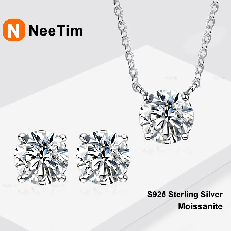 NeeTim 1ct 2ct 3ct 5ct Moissanite Jewelry Sets for Women 925 Silver with White Gold Plated Necklace Chain Stud Earrings Sets