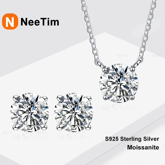 NeeTim 1ct 2ct 3ct 5ct Moissanite Jewelry Sets for Women 925 Silver with White Gold Plated Necklace Chain Stud Earrings Sets