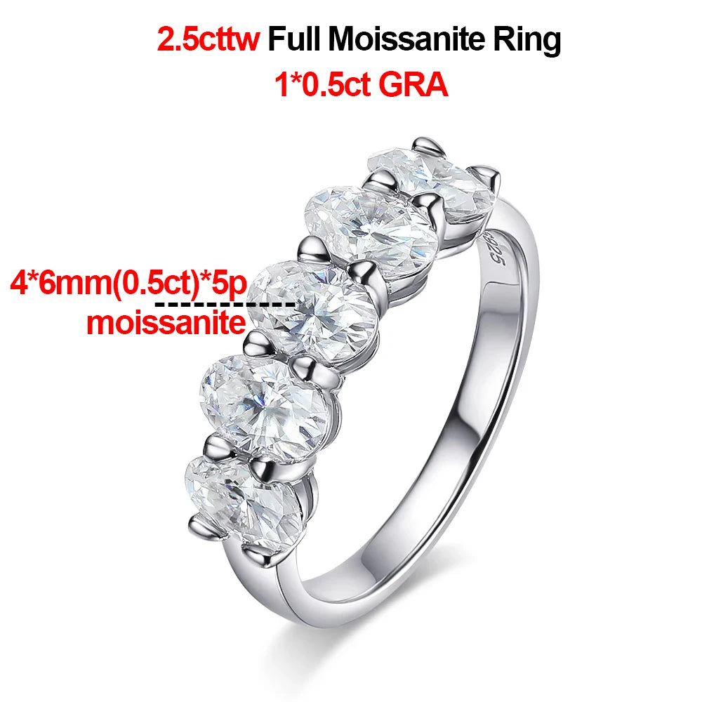 2.5CTTW 5 Stone Moissanite Ring For Women GRA 4*6mm Oval Cut Lab Diamond 925 Silver Half Eternity Stackable Wedding Band Jewelry
