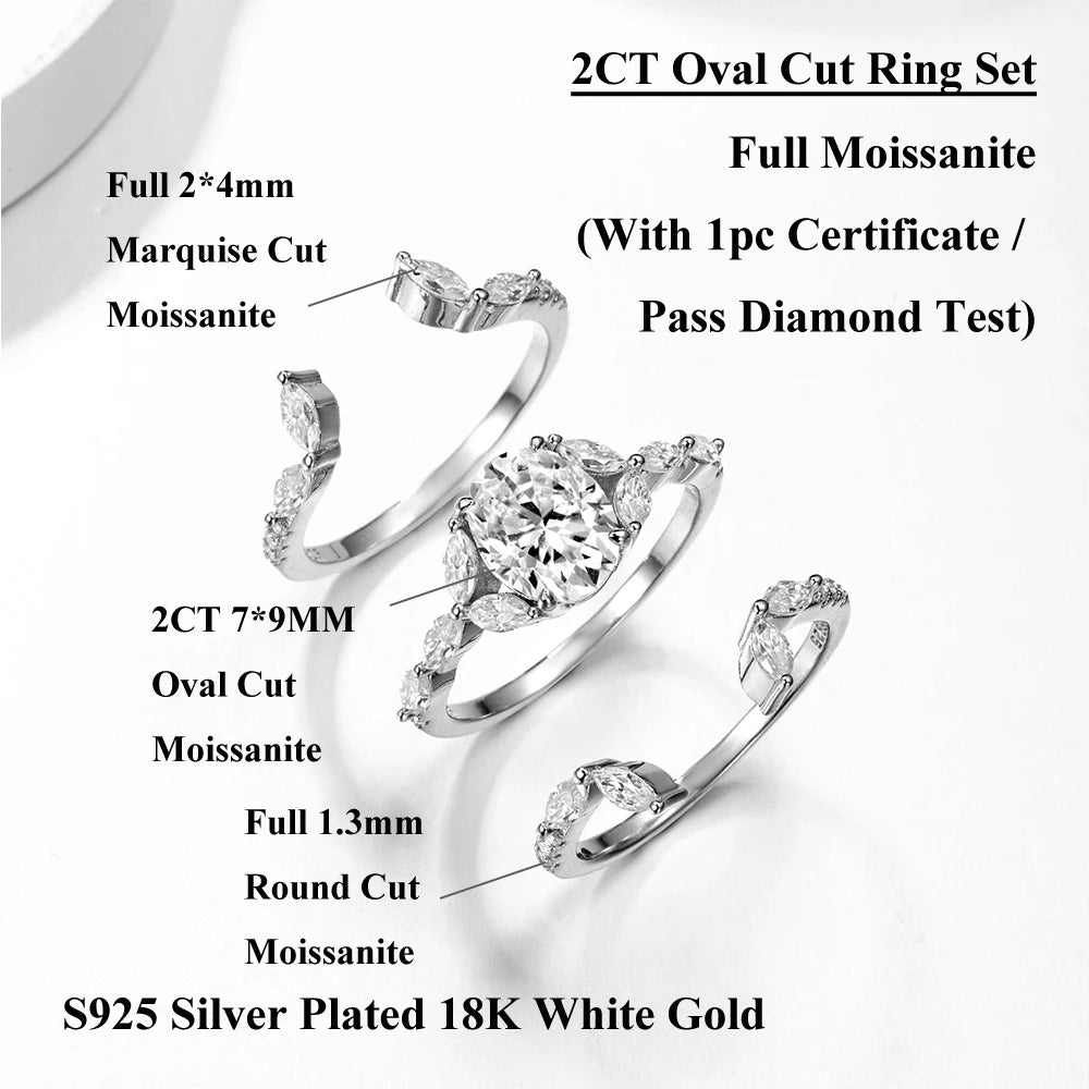 EWYA 3PCS Stackable Moissanite Rings S925 Silver 2CT Oval Dove Egg Engagement Bands Marquise Leaf Luxury Promise Ring For Women