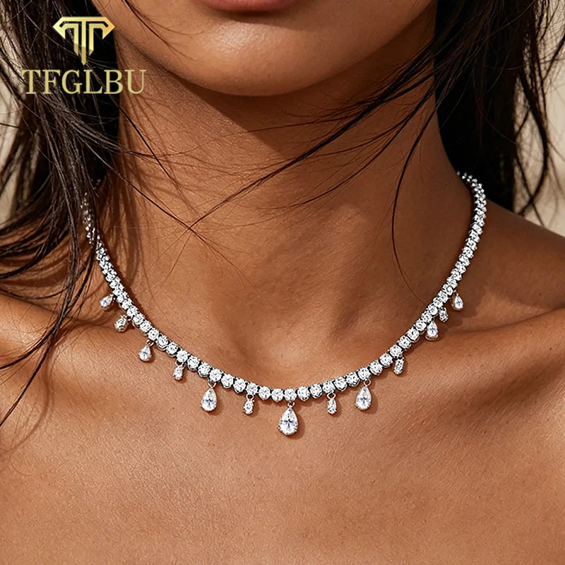 Full Moissanite Tennis Pendant Chain S925 Silver For Women Round/Pear/Oval Cut Diamond Chain Link Necklace Unisex Fine Jewelry