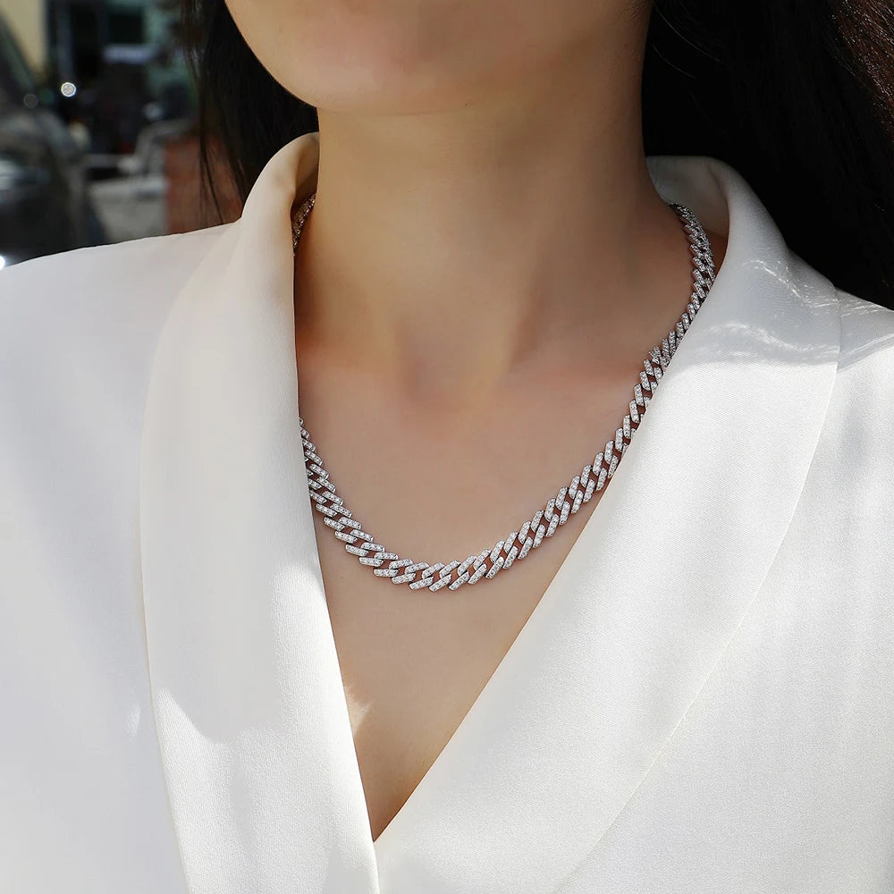 JIUZUAN Moissanite Necklace 925 Silver 18K Gold Plated Iced Out Cuban Chain Hip Hop Style for Men Women