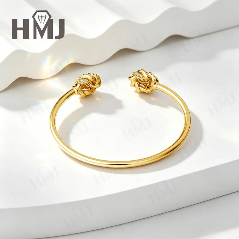 Moissanite Open Bangle Bracelet 6.5mm Round Cut 925 Sterling Silver 18K Gold Plated Romantic Sweet Daily Wear Bridal Jewelry