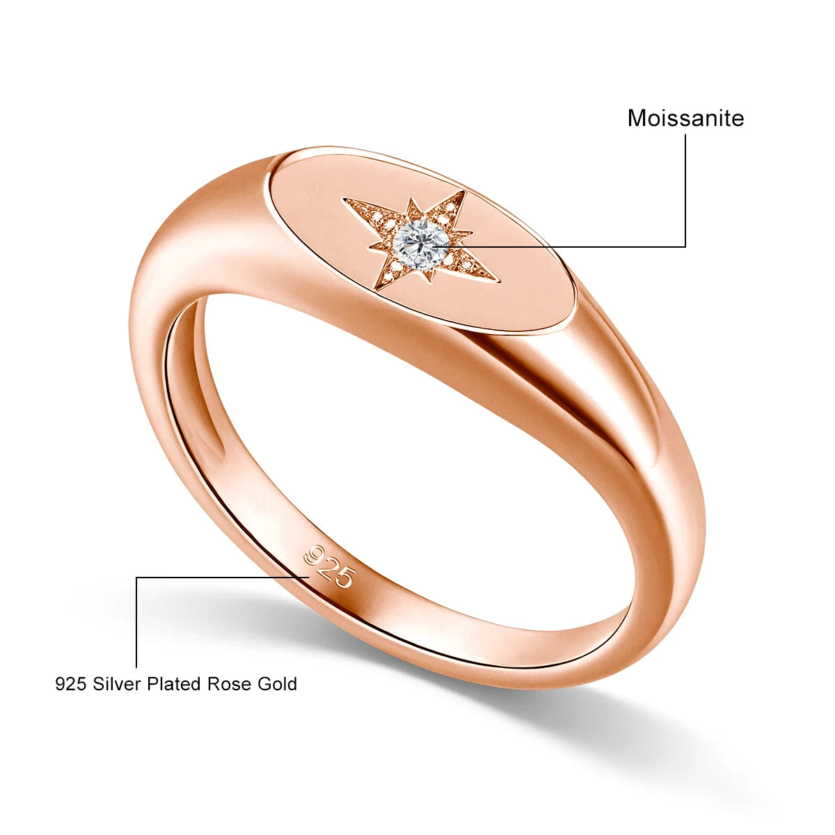 925 Sterling Silver Signet Ring Brilliant Moissanite Eight Pointed North Star Finger Ring Minimalist Promise Statement Jewelry