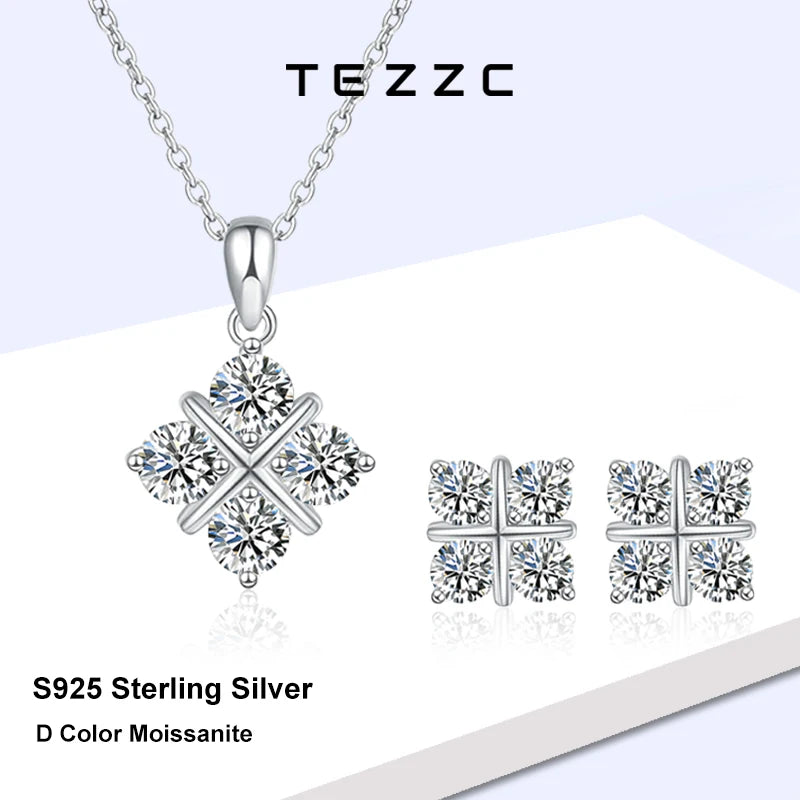 Tezzc Moissanite Jewelry Sets For Women S925 Sterling Silver with Certificates Diamond Pendant Necklace Earring Wedding Jewelry