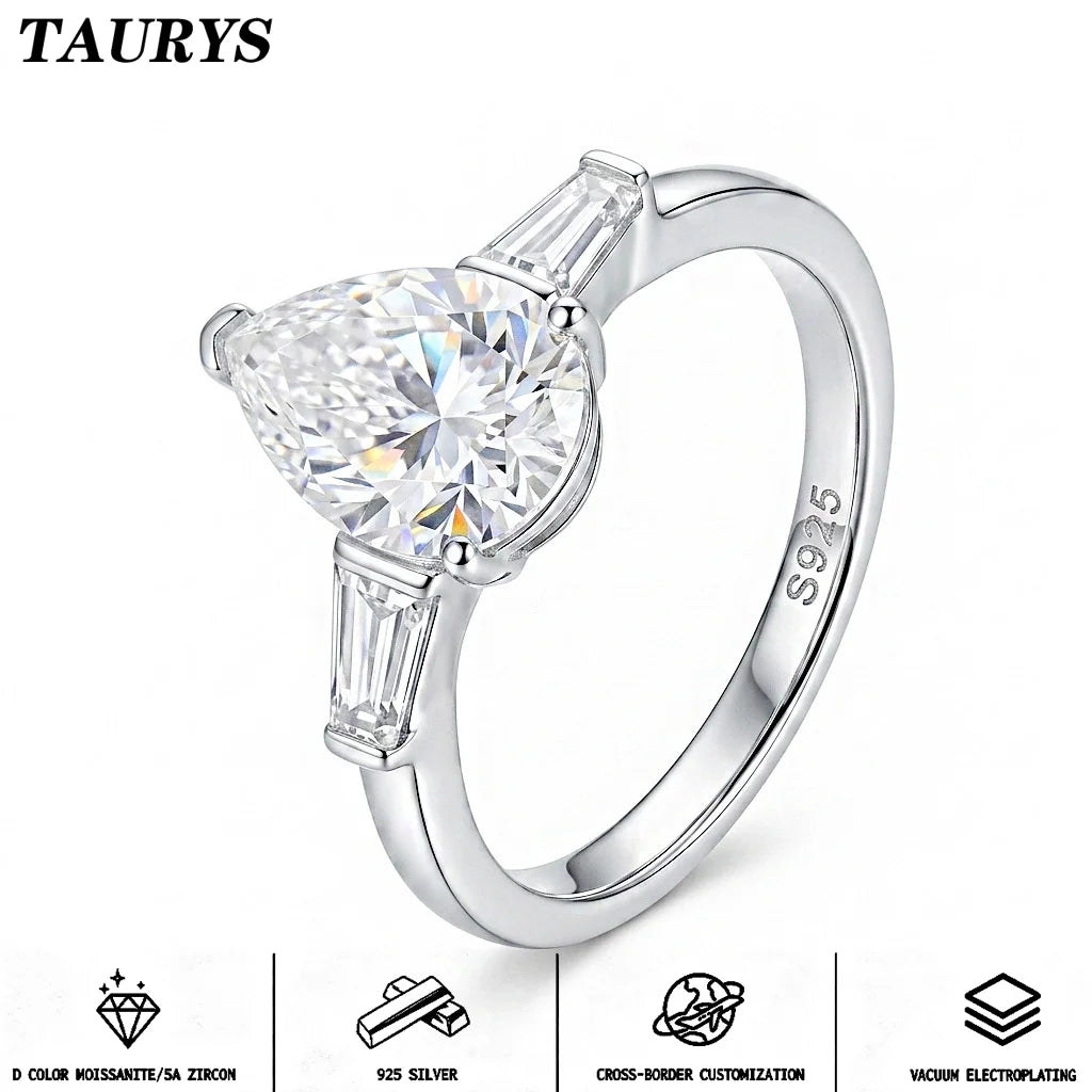 Ts 925 Sterling Silver Moissanite Ring For Women Men 2ct Pear Cut D Color Moissanite Lab Grown Diamond Jewelry Gift Brand Ring