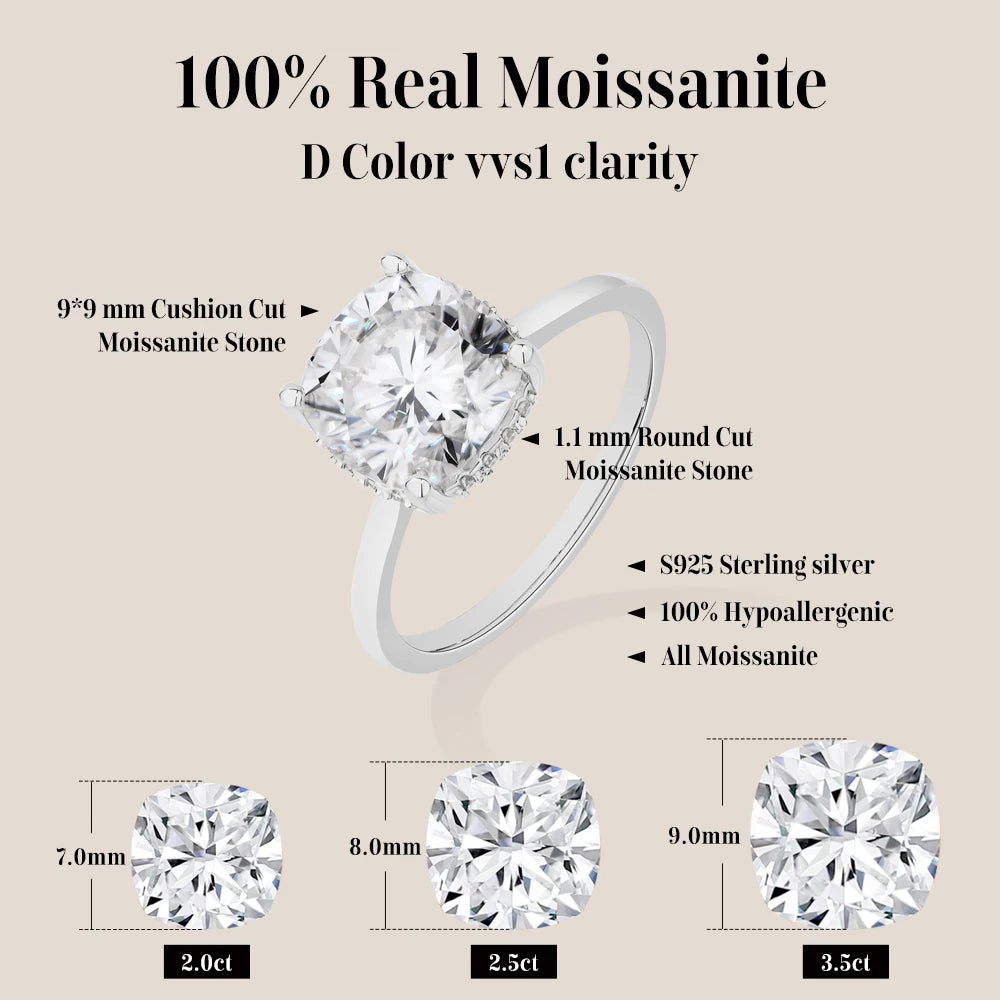 ATTAGEMS Cushion Cut 3.5ct Classical Moissanite Ring for Women DVVS1 Real 925 Sterling Silver For Engagement Wedding FineJewelry