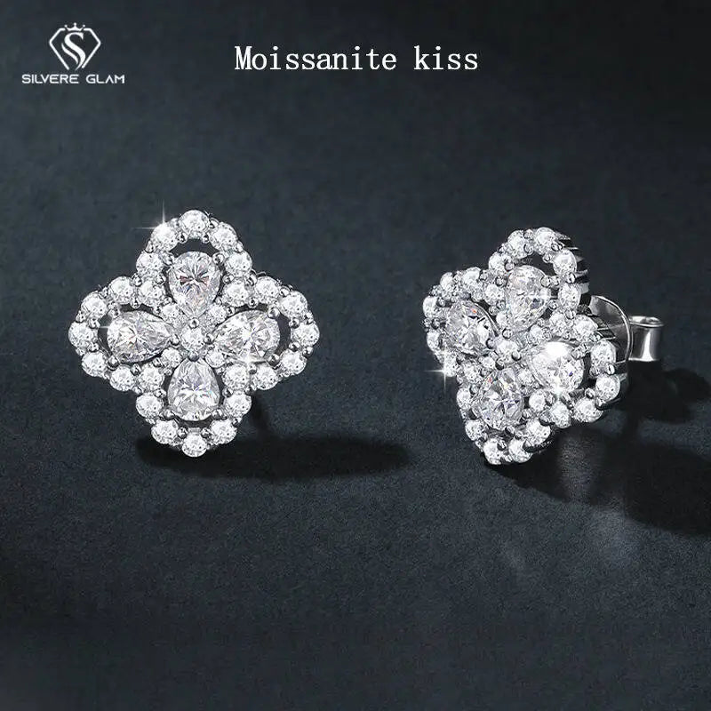 SG Four-Leaf 925 Sterling Silver Moissanite Stud Earrings Necklace for Women Men Pendant Necklace Earrings Fine Jewelry D VVS1