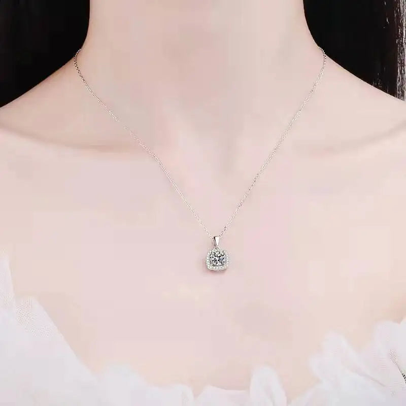 BR 6.5mm 925 Sterling Silver Square Diamond-Set Pendant Necklace with D VVS1 Grade High-Quality Moissanite Jewelry