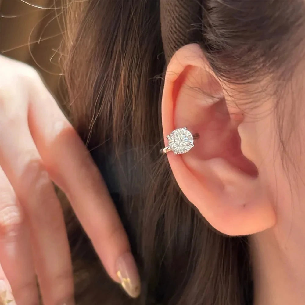Certified 2CT Round Solitaire Moissanite Open Ear Cuff For Women S925 Silver Lab Diamond Minimalist Unique Earrings No Piercing