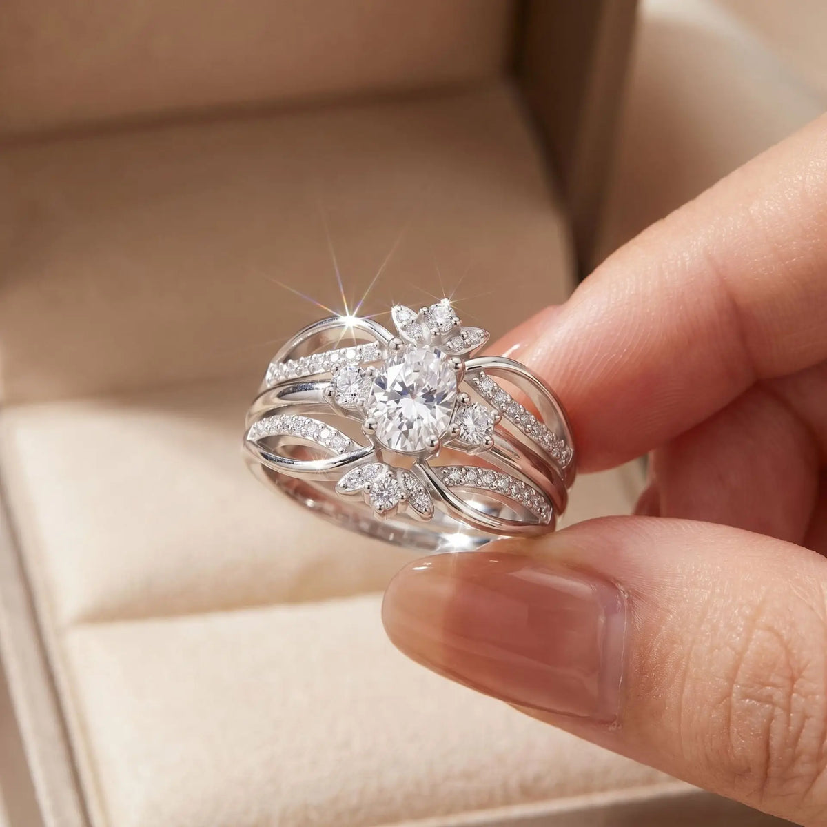 EWYA 3PCS Stackable Moissanite Rings S925 Silver 2CT Oval Dove Egg Engagement Bands Marquise Leaf Luxury Promise Ring For Women