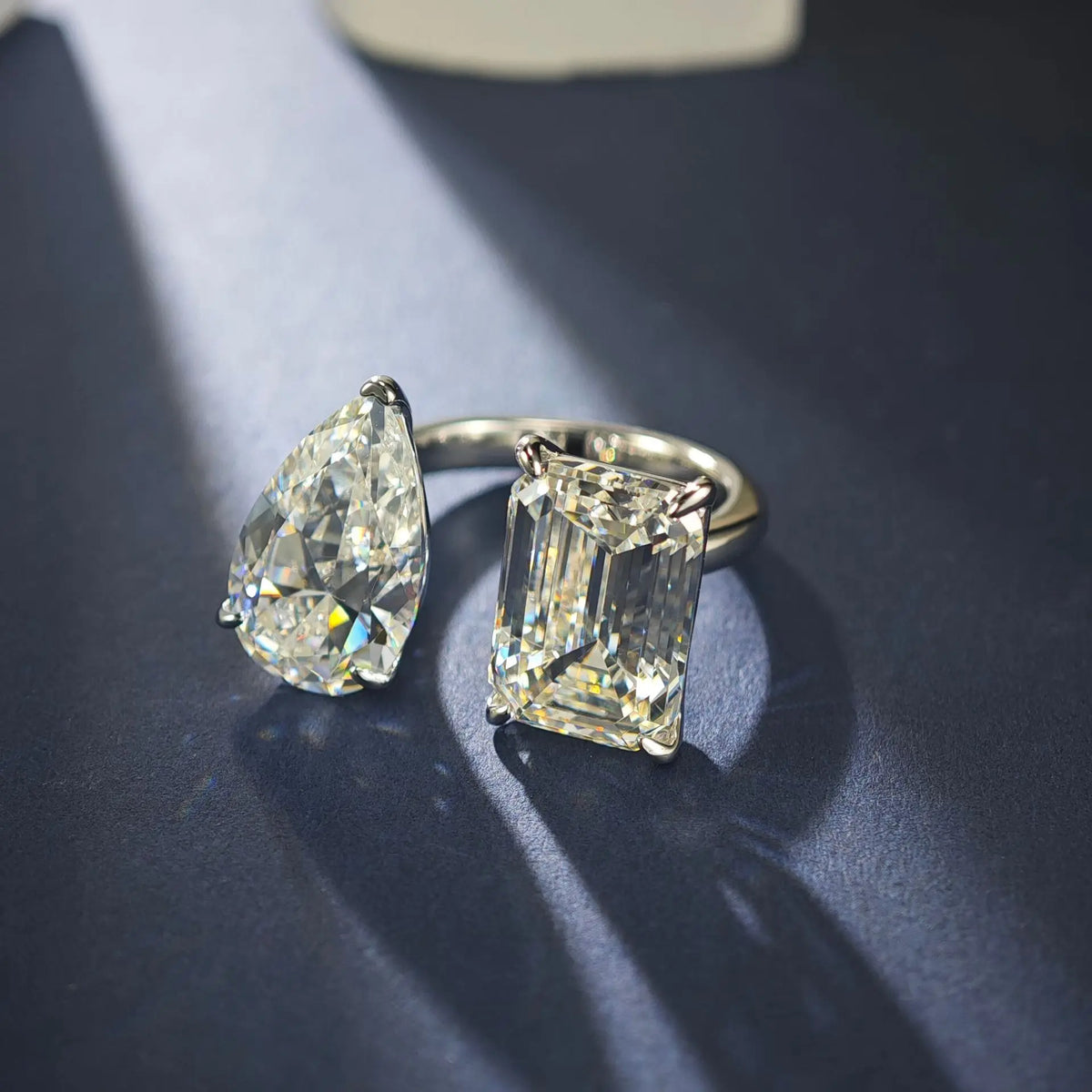 6+6 Carat Two Stone Moissanite Ring for Women. 925 sterling silver, pear and square cut, adjustable opening to 12 carats