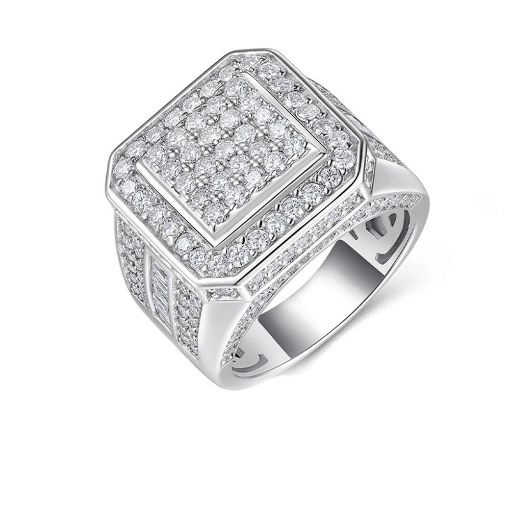 S925 Sterling Silver VVS Moissanite Men's Ring Hipster Style with Square and Round Brilliant Cuts Hip Hop Jewelry