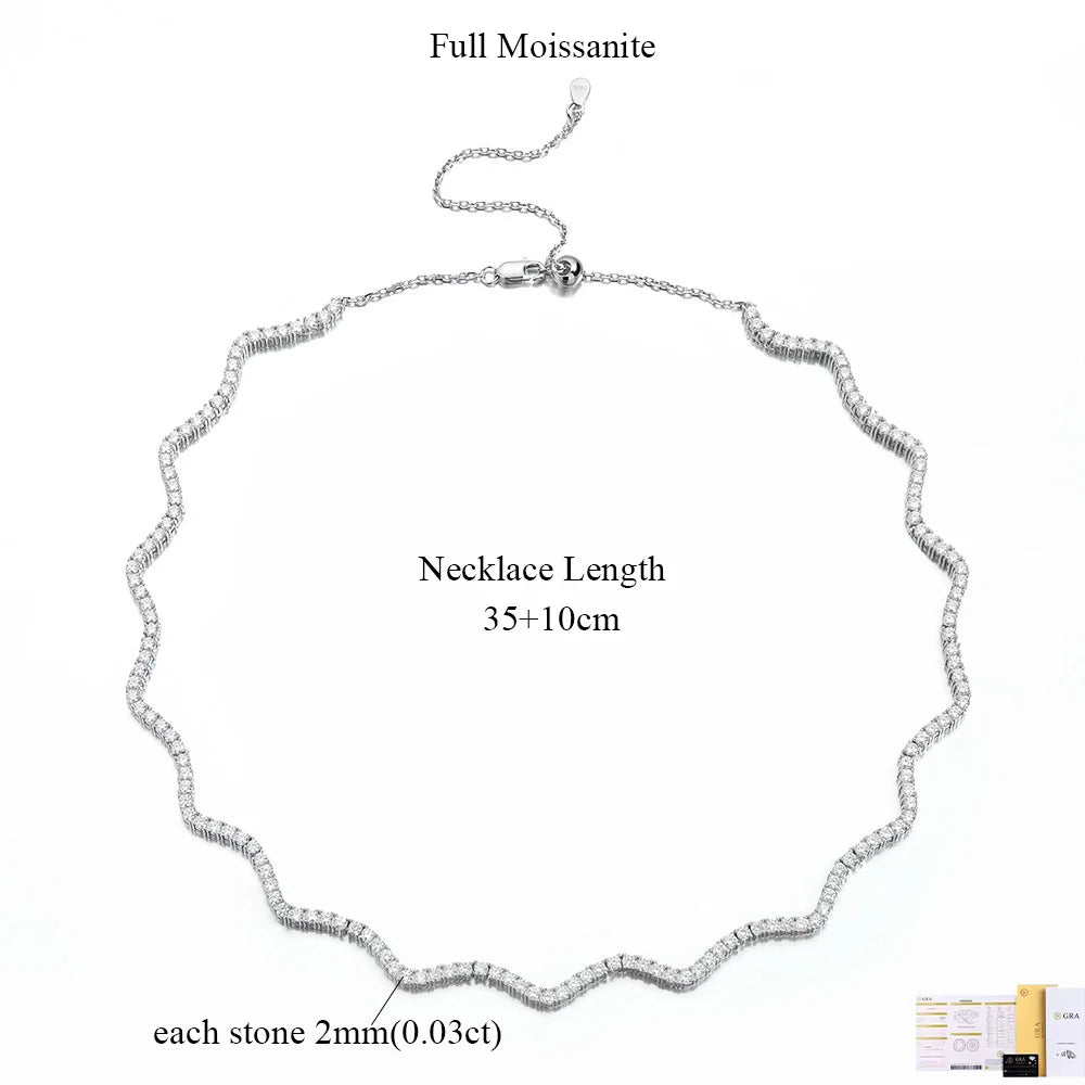 COSYA 2mm Luxury Moissanite Tennis Necklace For Women S925 Silver Sparkling Wave Riviera Choker Adjustable Chain Wedding Jewelry