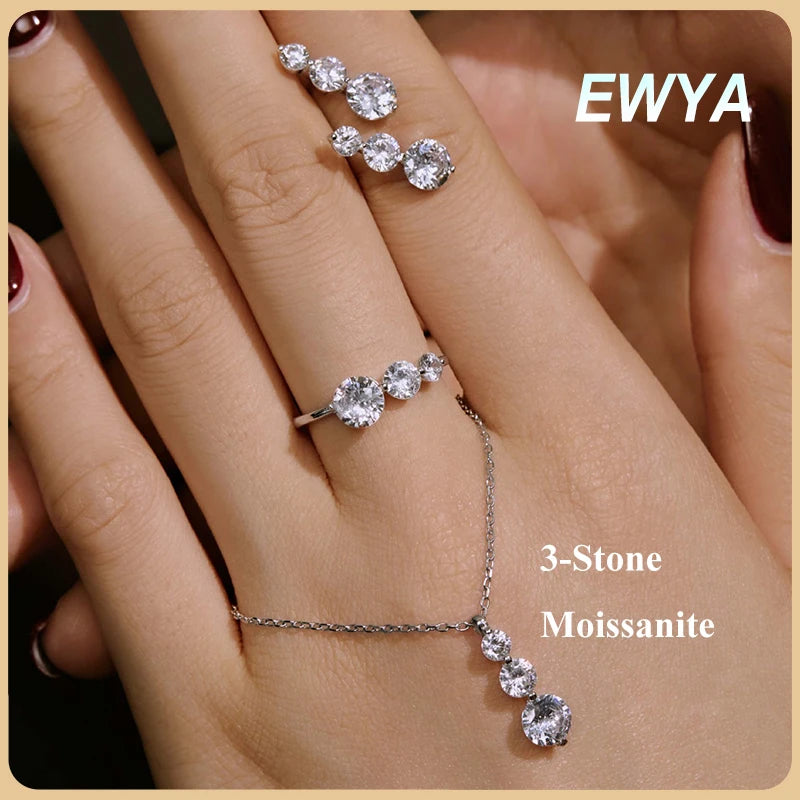EWYA 3-Stone Round Cut All Moissanite Earrings Ring Pendant Women Full Lab Diamond 925 Silver Party Bridal Fine Jewelry Set Gift