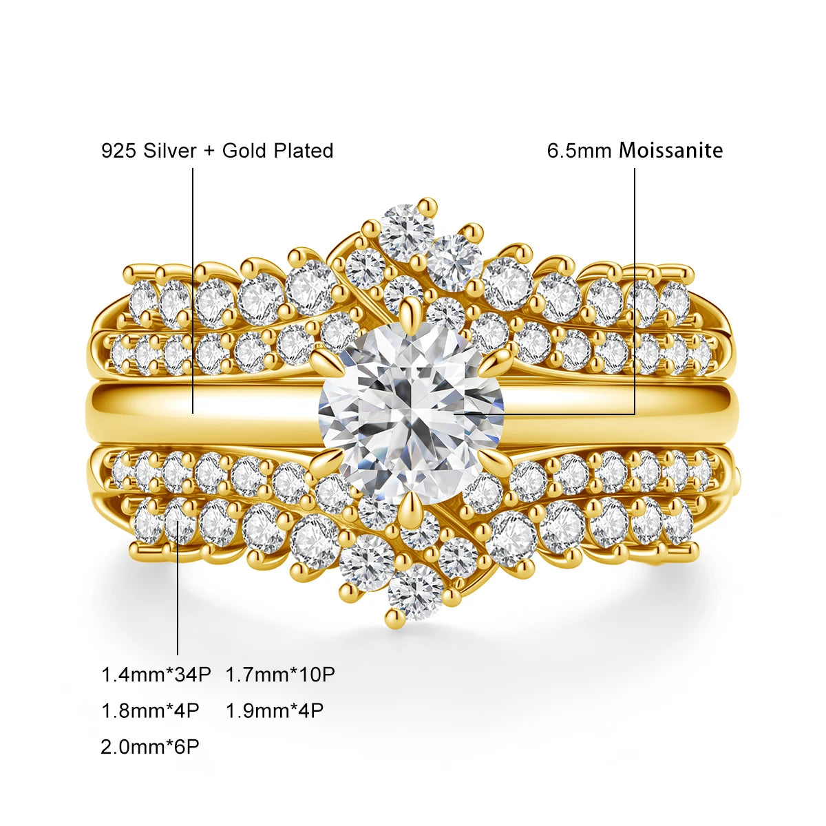 1/20 14k GF Moissanite Ring Set Real 14K Gold Filled 2pcs Stackable Luxury Engagement Ring Silver Base Durable Jewelry for Women