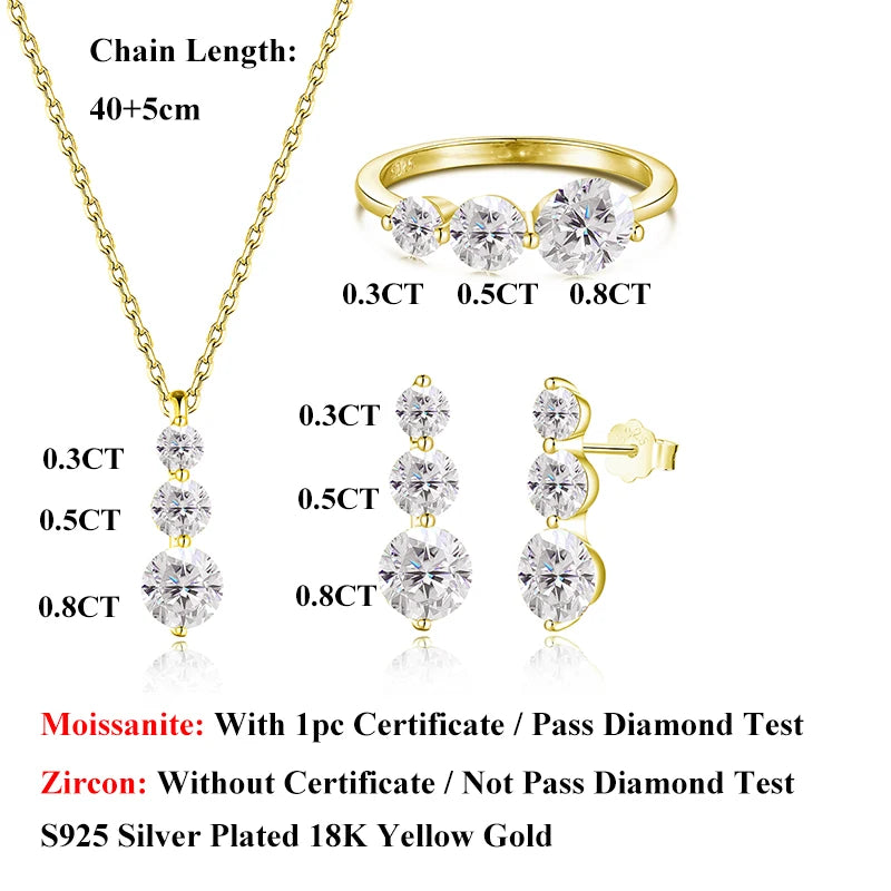 EWYA 3-Stone Round Cut All Moissanite Earrings Ring Pendant Women Full Lab Diamond 925 Silver Party Bridal Fine Jewelry Set Gift