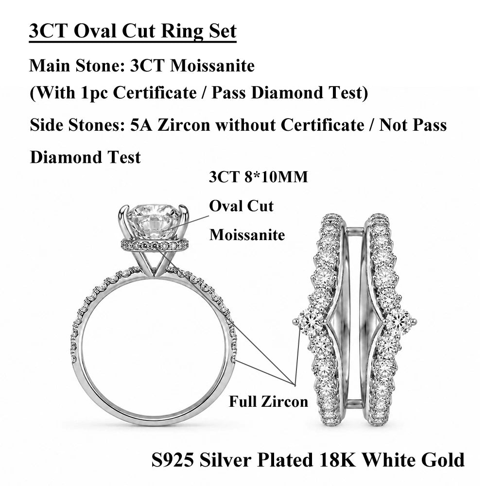 EWYA 3PCS Stackable Moissanite Rings S925 Silver 2CT Oval Dove Egg Engagement Bands Marquise Leaf Luxury Promise Ring For Women
