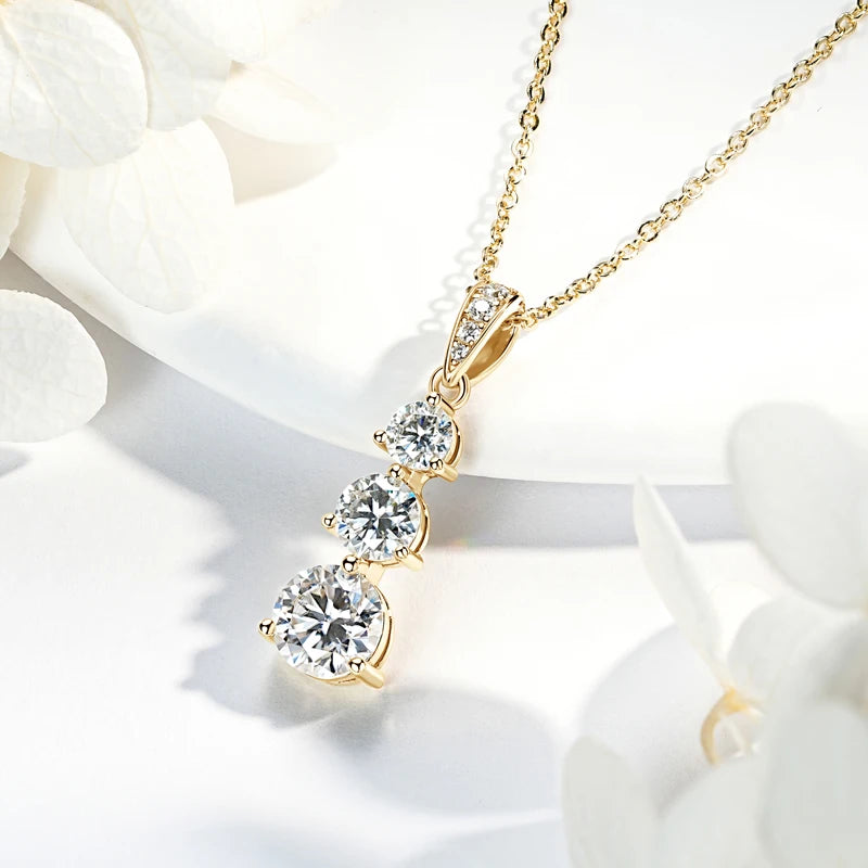 Moissanite Three stone Pendant necklace for Women 925 Sterling Silver Round Cut Adjustable Clavicle Chain Necklace Jewelry Gift