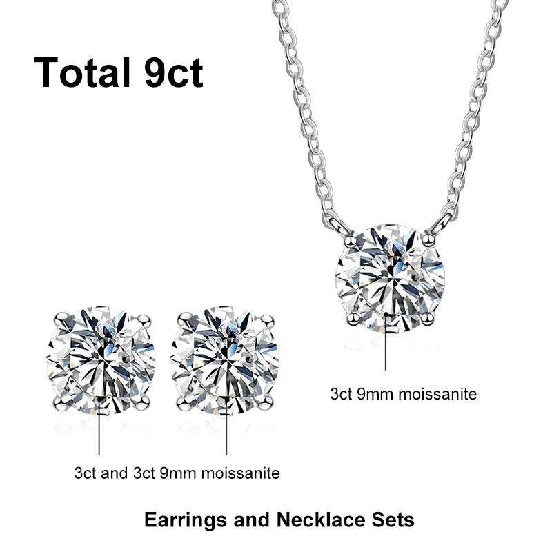 NeeTim 1ct 2ct 3ct 5ct Moissanite Jewelry Sets for Women 925 Silver with White Gold Plated Necklace Chain Stud Earrings Sets