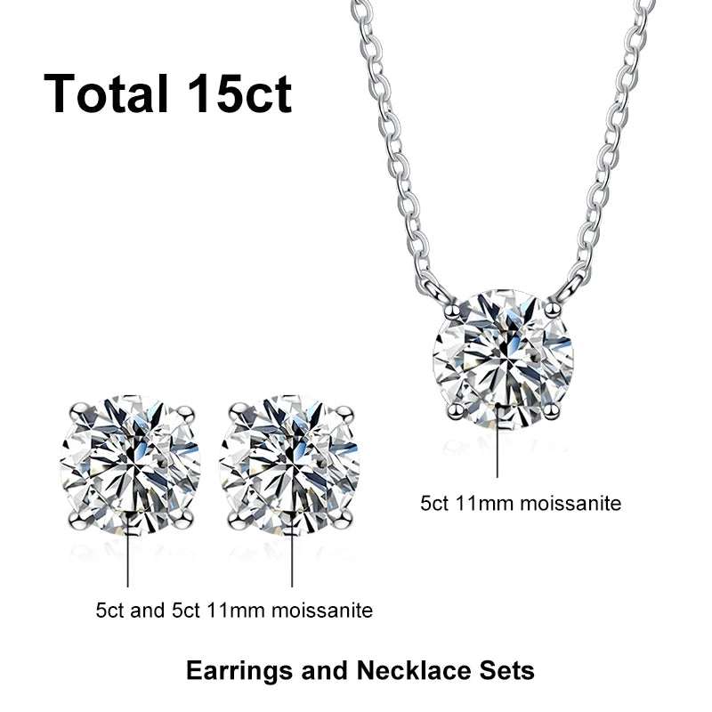 NeeTim 1ct 2ct 3ct 5ct Moissanite Jewelry Sets for Women 925 Silver with White Gold Plated Necklace Chain Stud Earrings Sets