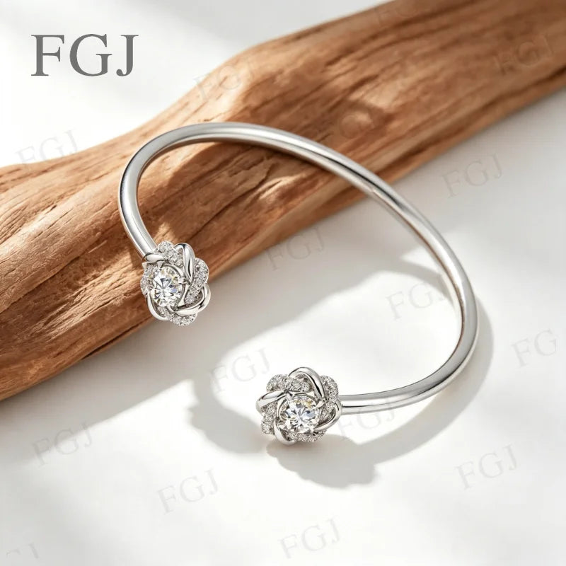 2ct Moissanite Bracelet For Women 6.5MM D VVS1 925 Silver Gold Color Flower Bangle Hand Opening Cuffs Wedding Jewelry Gifts