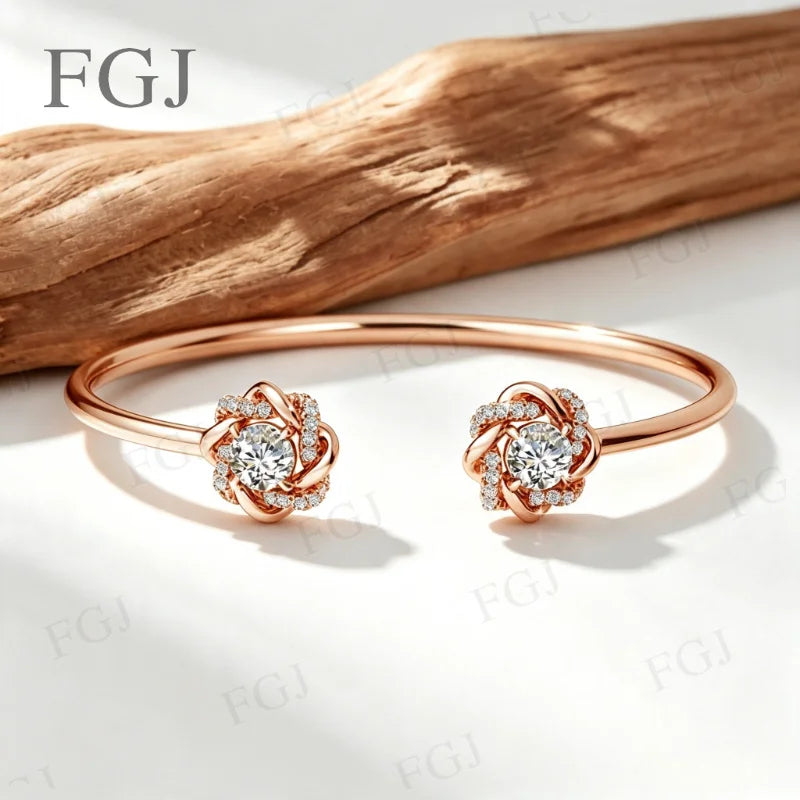 2ct Moissanite Bracelet For Women 6.5MM D VVS1 925 Silver Gold Color Flower Bangle Hand Opening Cuffs Wedding Jewelry Gifts
