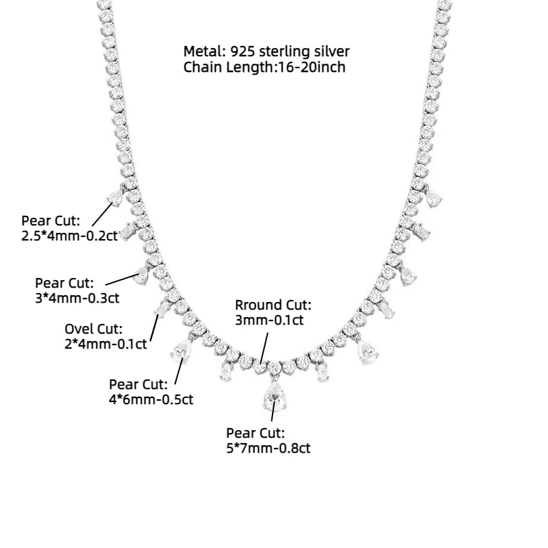 Full Moissanite Tennis Pendant Chain S925 Silver For Women Round/Pear/Oval Cut Diamond Chain Link Necklace Unisex Fine Jewelry
