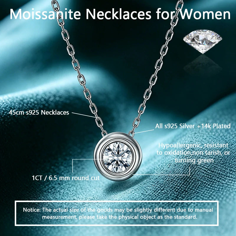 WES 1CT Moissanite Necklace 925 Sterling Silver D Color VVS1 Bezel Set Solitaire Pendant Necklace For Women Fine Jewelry Gift