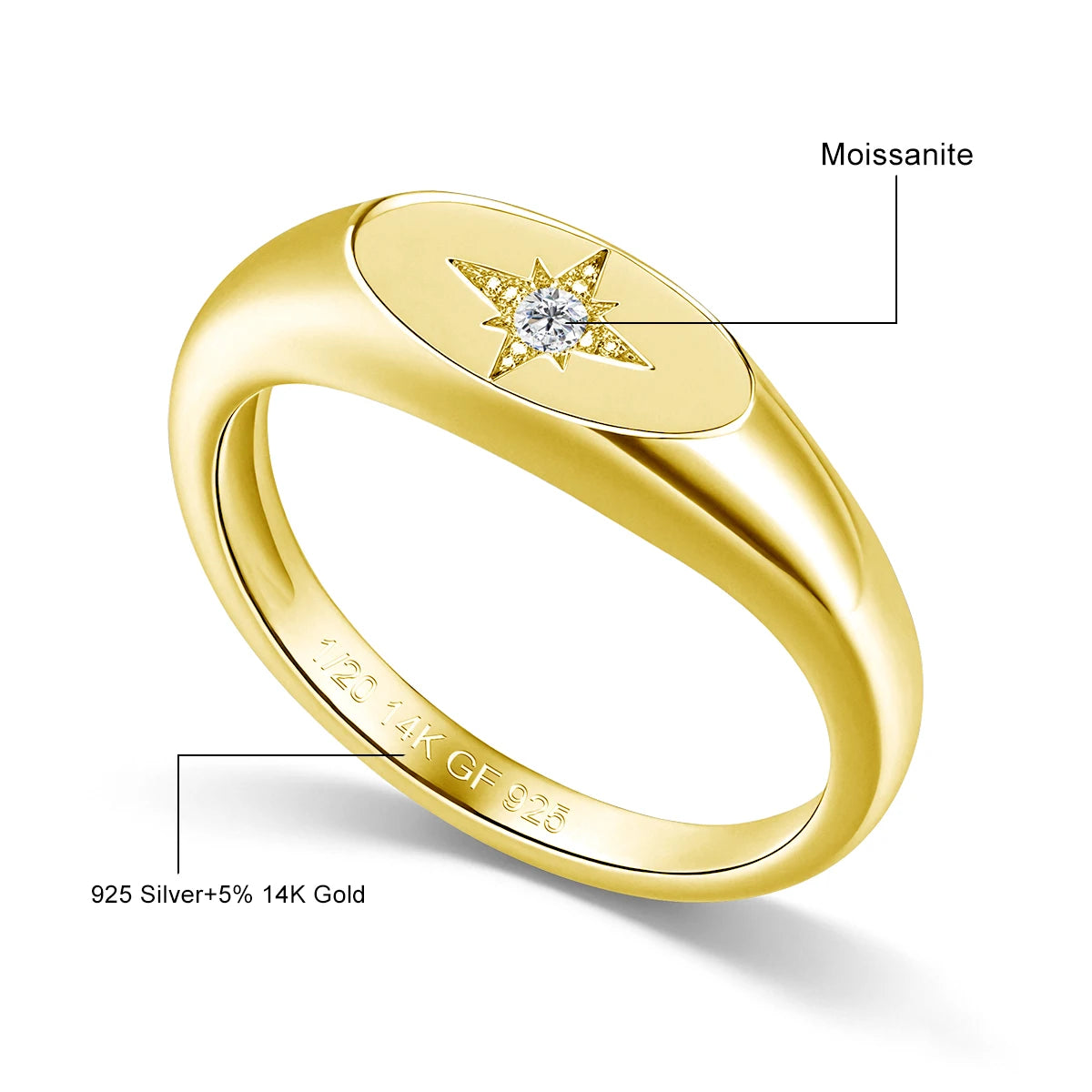 925 Sterling Silver Signet Ring Brilliant Moissanite Eight Pointed North Star Finger Ring Minimalist Promise Statement Jewelry