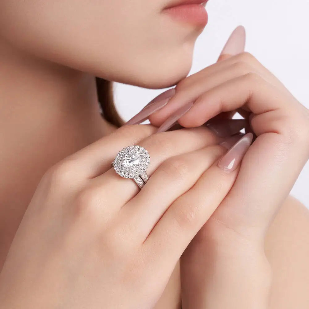 925 Silver Oval Cut Double Halo Pave Stackable Ring Set D VVS1 Moissanite Multi Tone Luxury Wedding Engagement Jewelry For Women