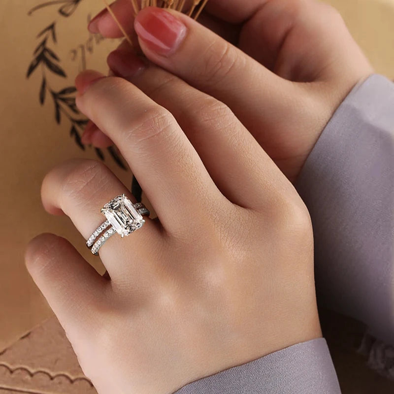 BXINY Full Moissanite Ring Sets 100% S925 Silver for Women Emerald/Radiant Cut Diamond Wedding Bands Gifts Fine Jewelry With GRA