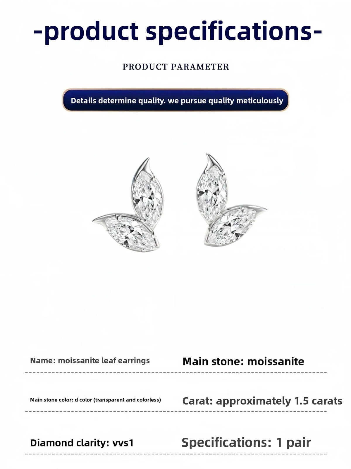 1.5CT D-Color Leaf-Shaped Moissanite Stud Earrings, Platinum Plated S925 Sterling Silver, Exquisite Fine Jewelry for Women