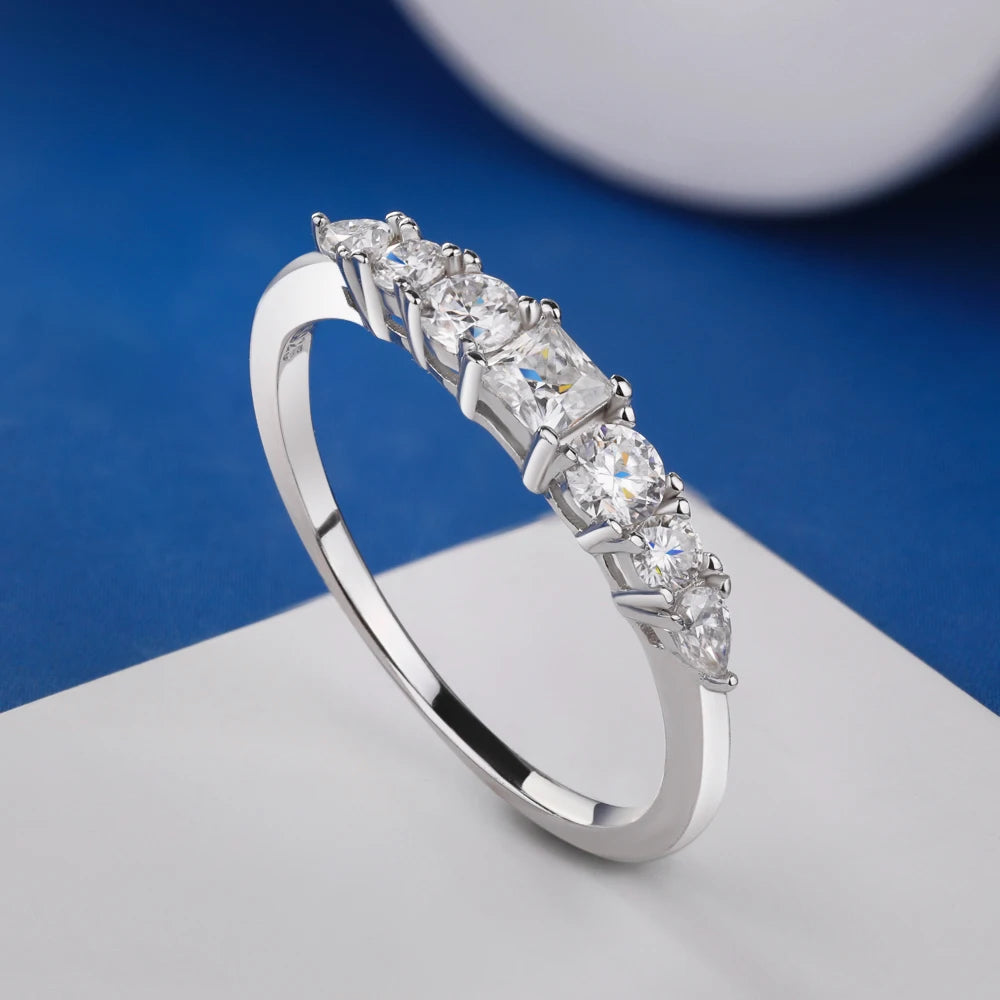 7 Stone All Moissanite Half Eternity Ring for Women 925 Sterling Silver Stackable Bands Wedding Engagement Rings Fine Jewelry