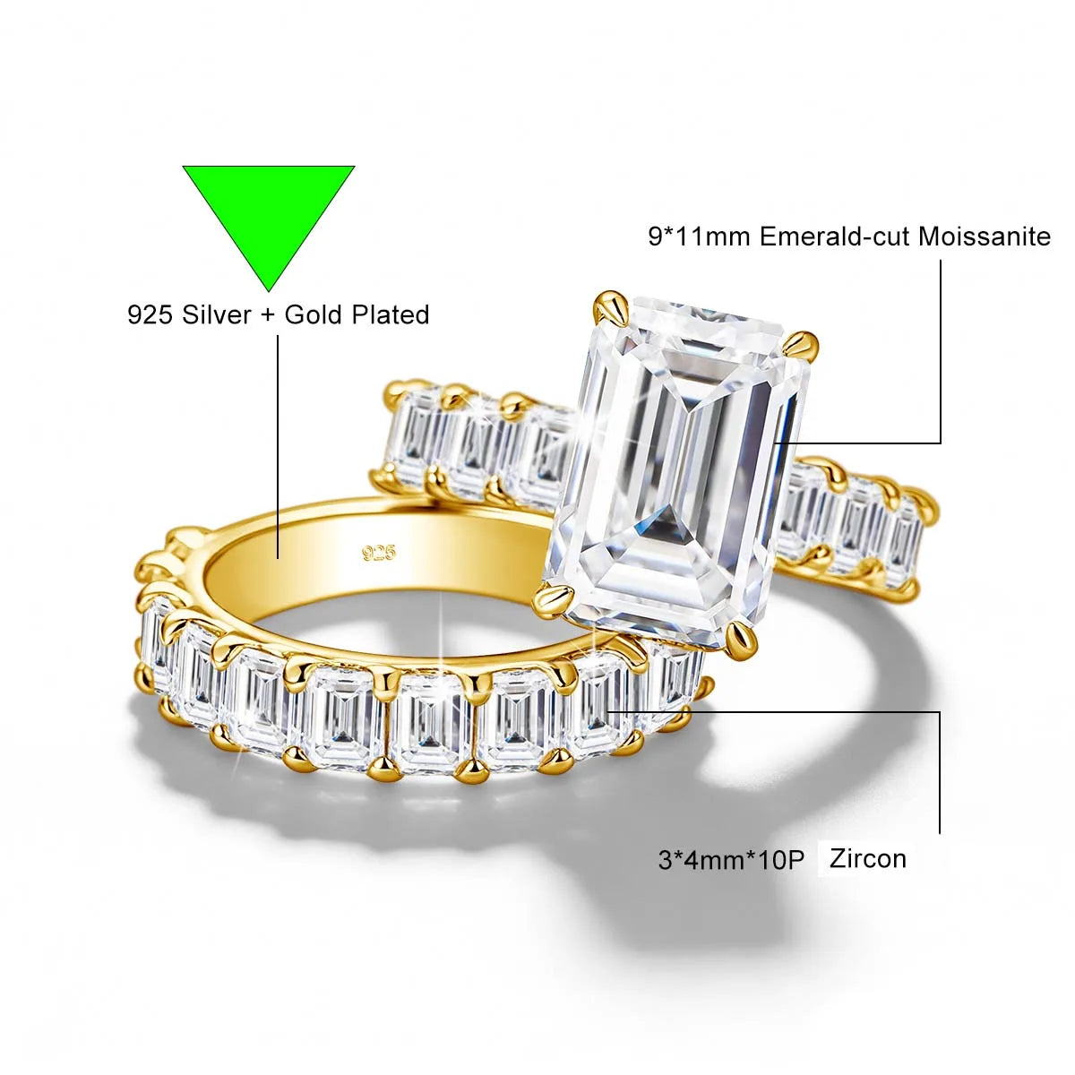 14K Gold Filled 5CT Emerald Cut D Color Moissanite Engagement Ring GRA for Fiancee 925 Silver Bridal Sets Statement Wedding Band
