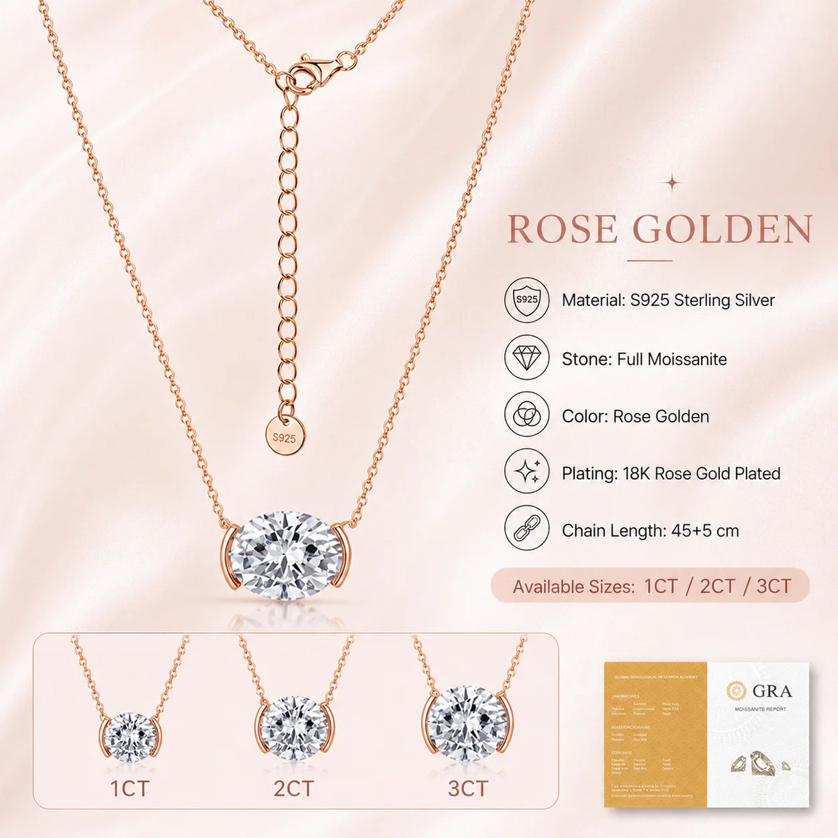 S925 Sterling Silver Oval Moissanite Necklace for Women 1CT 2CT 3CT Double Side Pendant Clavicle Chain Gift GRA Certified