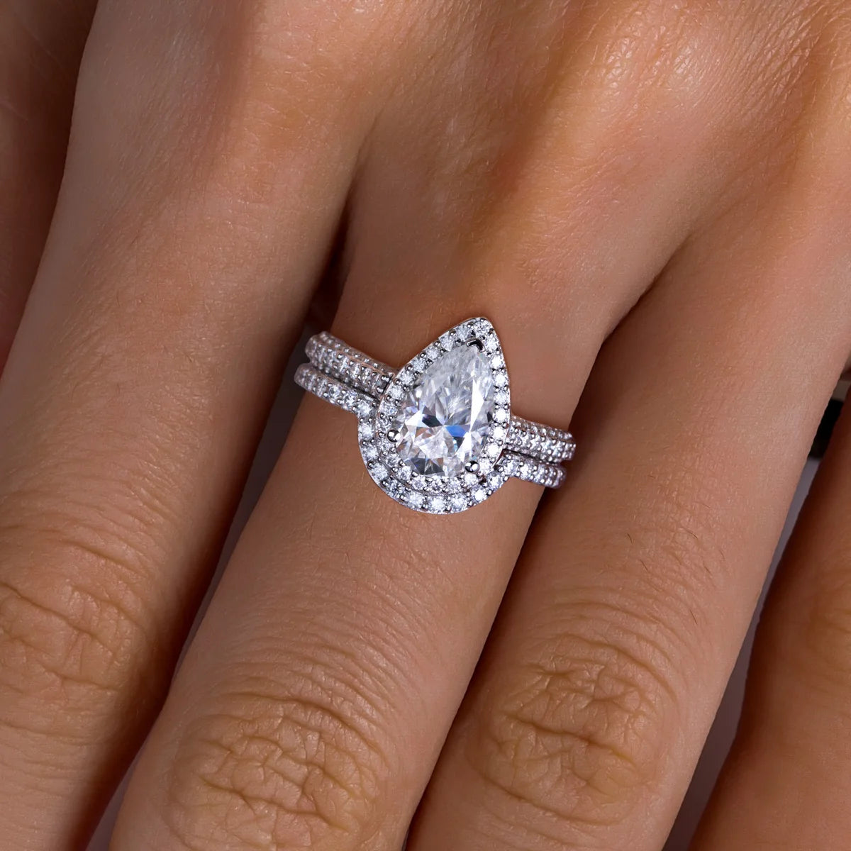 AnuJewel 3ct Pear (Total 4.827ct) D Color Moissanite Halo Bridal Ring Set Wedding Band Silver Rings Anniversary Jewelry Gifts