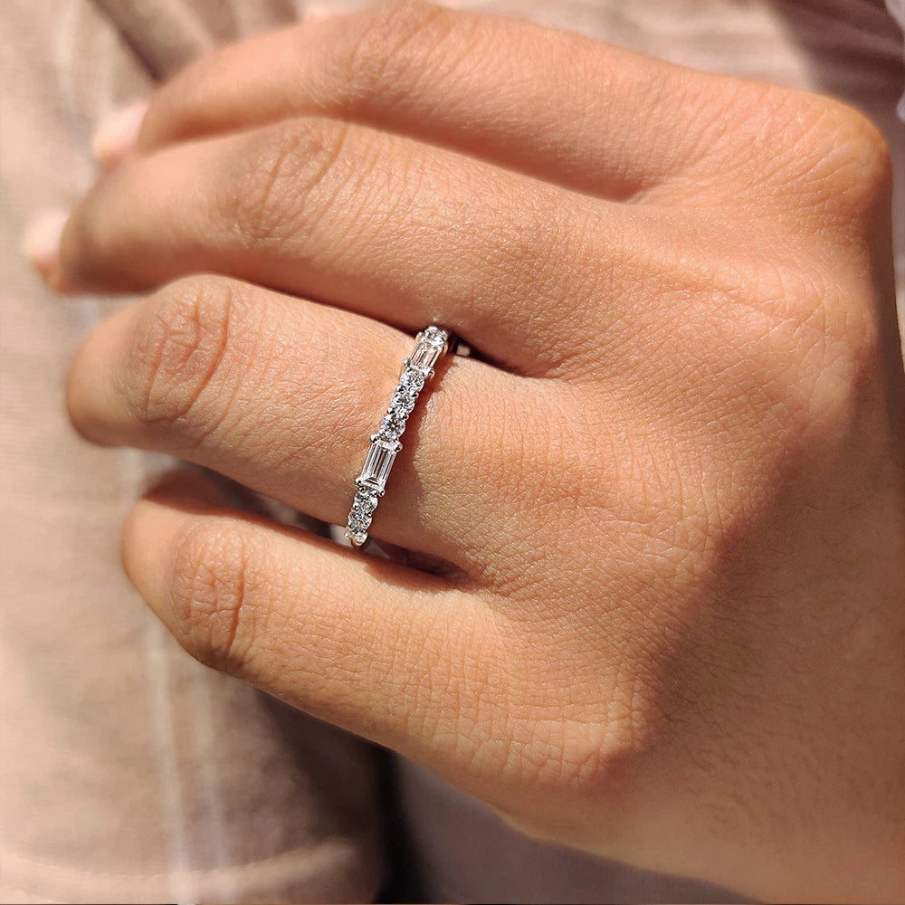 Round Baguette Cut Moissanite Wedding Bands for Women 925 Sterling Silver Full Eternity Matching Stackable Bridal Ring Jewelry