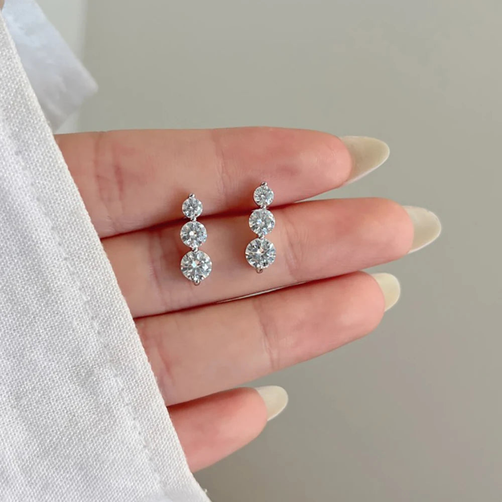 3-Stone Size Gradient All Moissanite Stud Earrings for Women S925 Silver D Color VVS1 Diamond Drop Earring With GRA Certificate