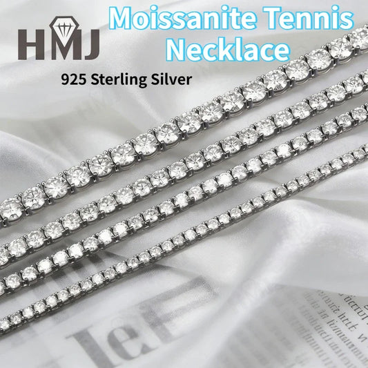 Moissanite Tennis Necklace 925 Sterling Silver D Color VVS1 Round Cut 2mm-6.5mm 16-24inch Hip Hop Jewelry for Men or Women