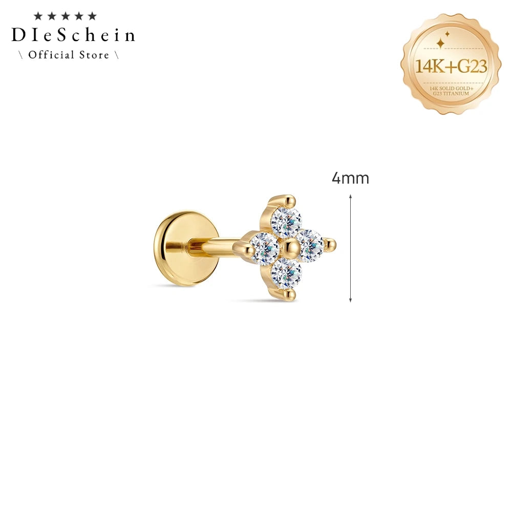 DIeSchein Genuine 14k Solid Gold Flat Back Moissanite Stud Earrings Minimalist Tragus Piercing Cartilage 14k Earring for Women