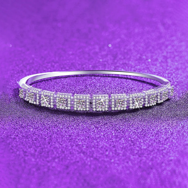 S925 Silver White Gold Plated 2.2CT D Color Moissanite Full Row Square Continuous Bangle for Women, Exquisite Jewelry.