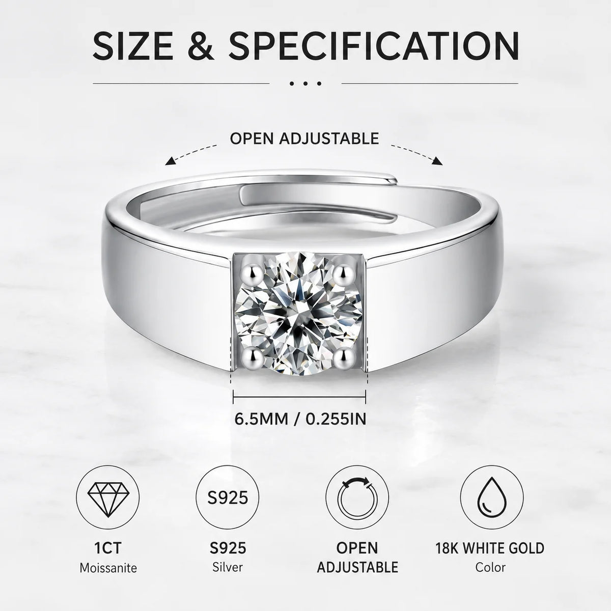 LongZhe Moissanite Ring for Men Rings for Men 925 Sterling Silver Adjustable Open Ring 1CT 6.5mm Fine Jewelry Gift